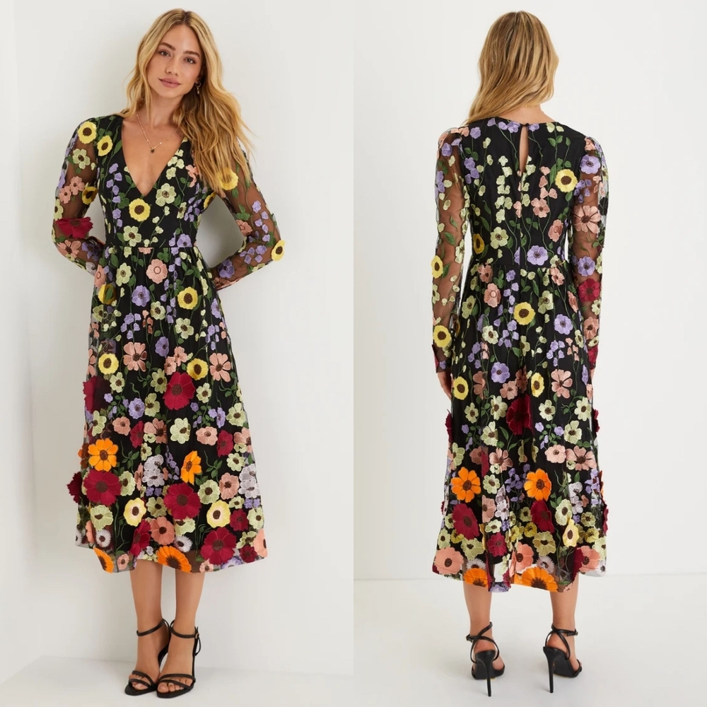 Lulu's Impressive Blossom Black 3D Floral Embroidered Midi Dress NWOT